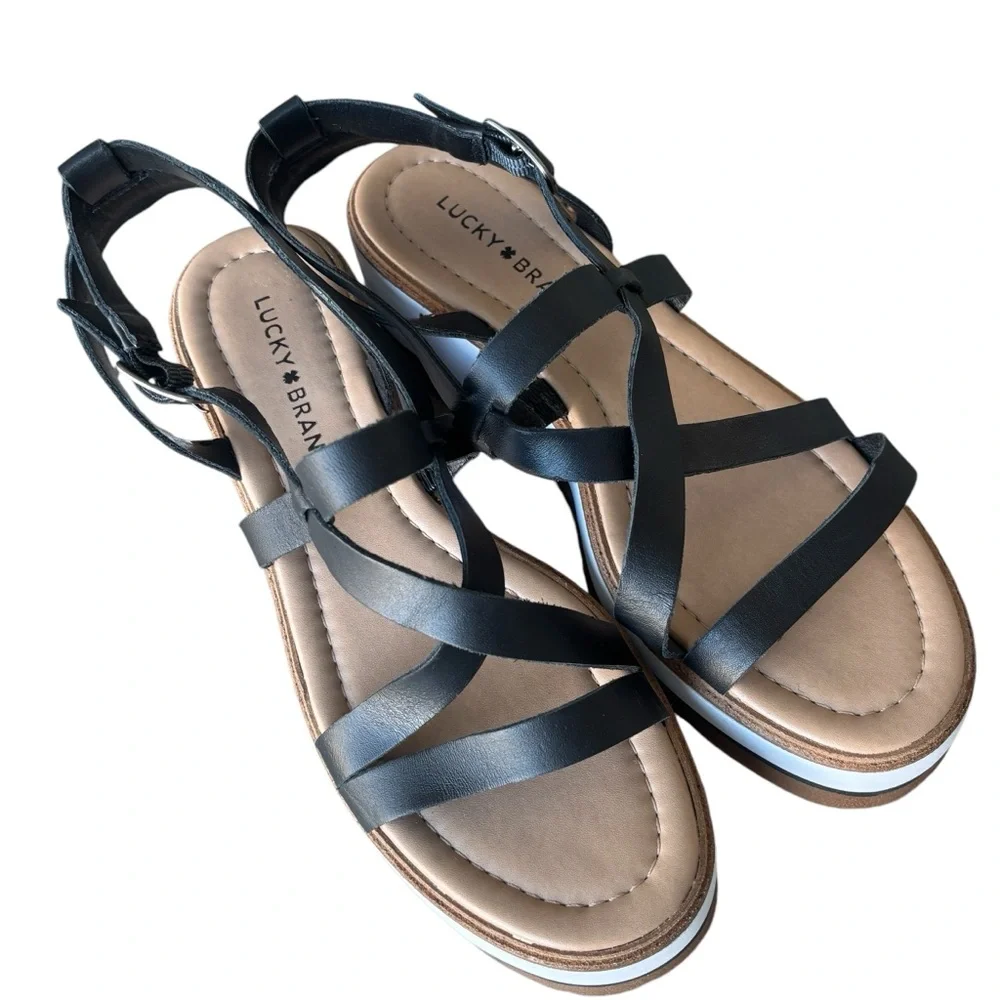 Lucky Brand Black Ticey Ankle Strap Wedge Sandal 9.5